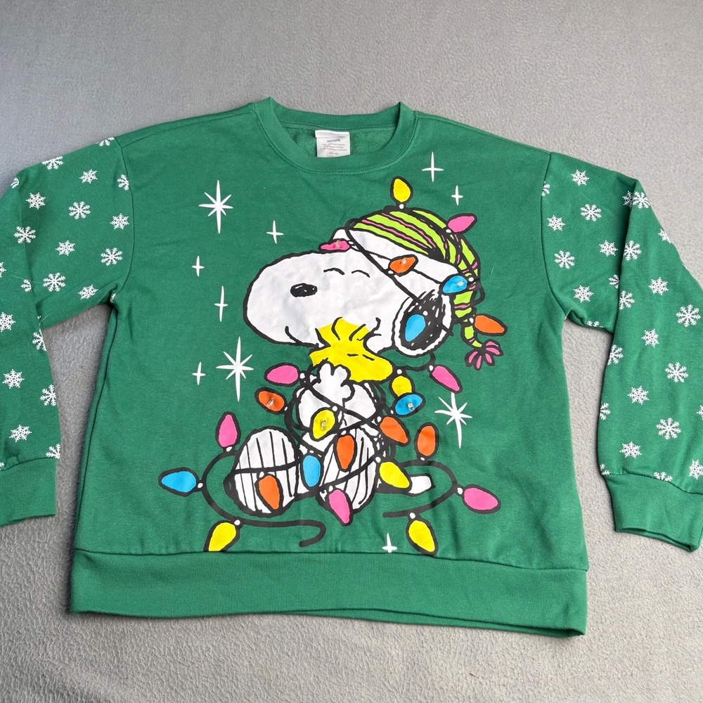 Peanuts Snoopy Woodstock Light Up Christmas Sweatshirt Green Small LS42112FS